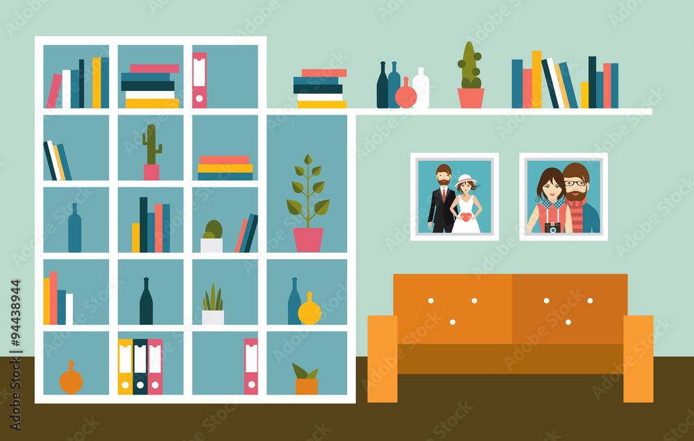 Living room wall with sofa and book shelves. Flat design vector illustration. Living room wall with sofa and book shelves. Flat design vector illustration.