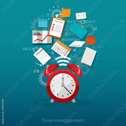 Time management concept planning, organization, working time. Flat vector illustration.
