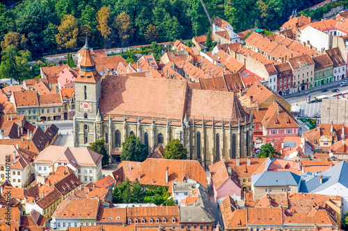 Experience the breathtaking aerial view of the iconic Black Church in Brasov,Romania,located in the charming city of Darmstadt. photo