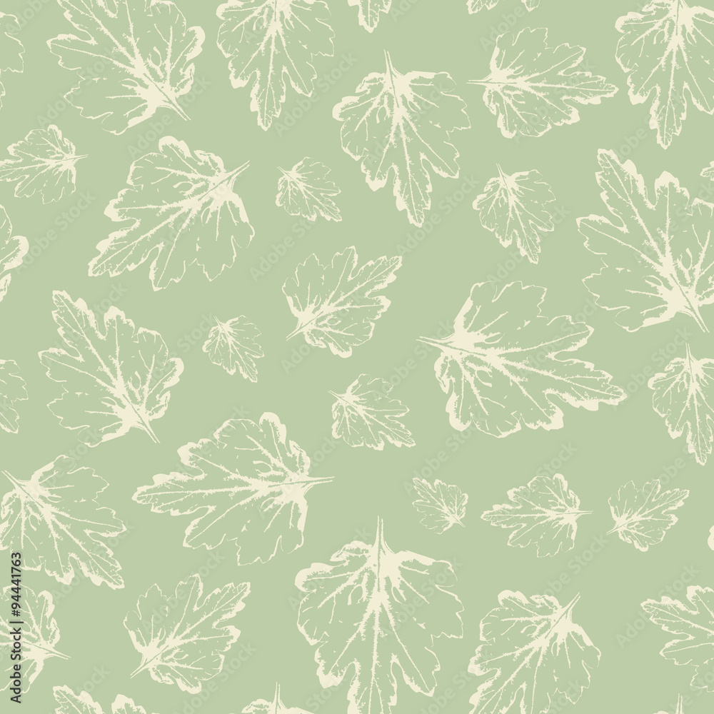 Pattern with leaves in pastel on light green background