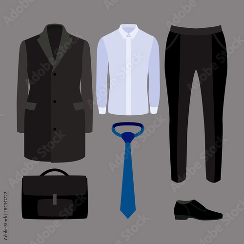 Set of trendy men's clothes and accessories. Men's wardrobe. Vector illustration