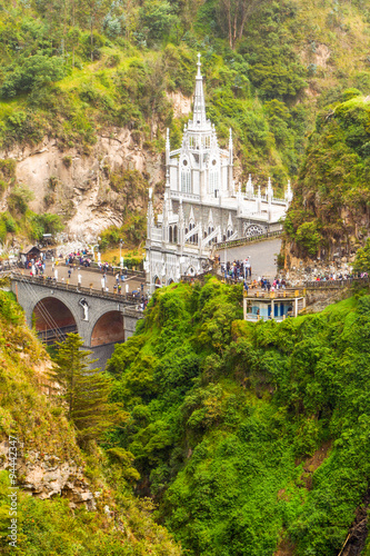 Las Lajas Sanctuary,a stunning basilica church nestled within the breathtaking Guaitara River canyon in southern Colombia.
