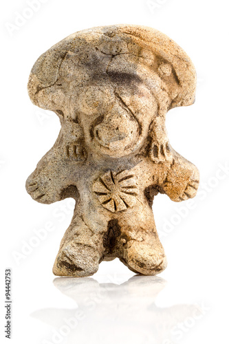 Rare antique Valdivia culture amulet showcasing an enigmatic abstract figure,discovered in the La Tolita region of Ecuador's Esmeralda province,with a captivating white background.