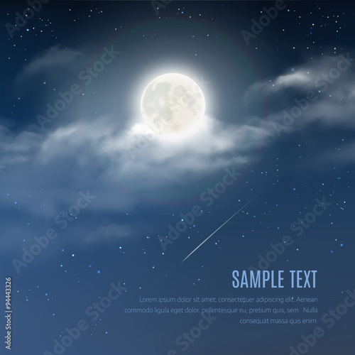 Night cloudy sky with the shining stars and moon. Vector illustration of night sky