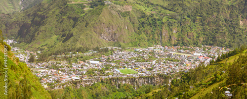 A breathtaking panorama of Banos, Ecuador, showcasing the lush Amazonia with cascading waterfalls flowing through the stunning landscape.