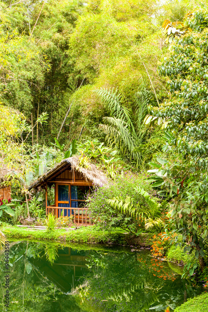 A serene lodge nestled in the lush Amazon rainforest of Ecuador, featuring cozy huts surrounded by vibrant flora and fauna in Mindo.