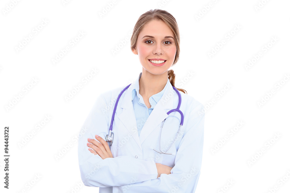 Friendly smiling young female doctor, isolated over white background Friendly smiling young female doctor, isolated over white background