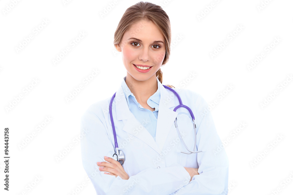 Friendly smiling young female doctor, isolated over white background Friendly smiling young female doctor, isolated over white background