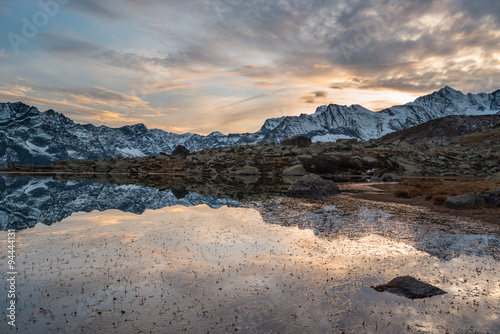High altitude alpine lake, reflections at sunset