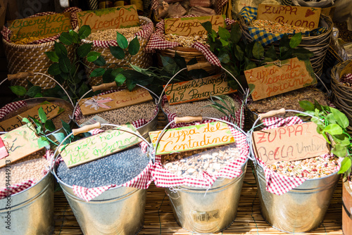 Baskets of Dried Beans in Market