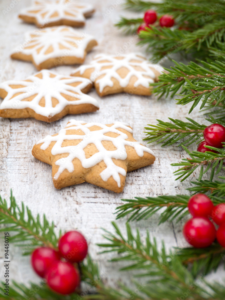 Christmas tree and red berries and star cookies Christmas tree and red berries and star cookies