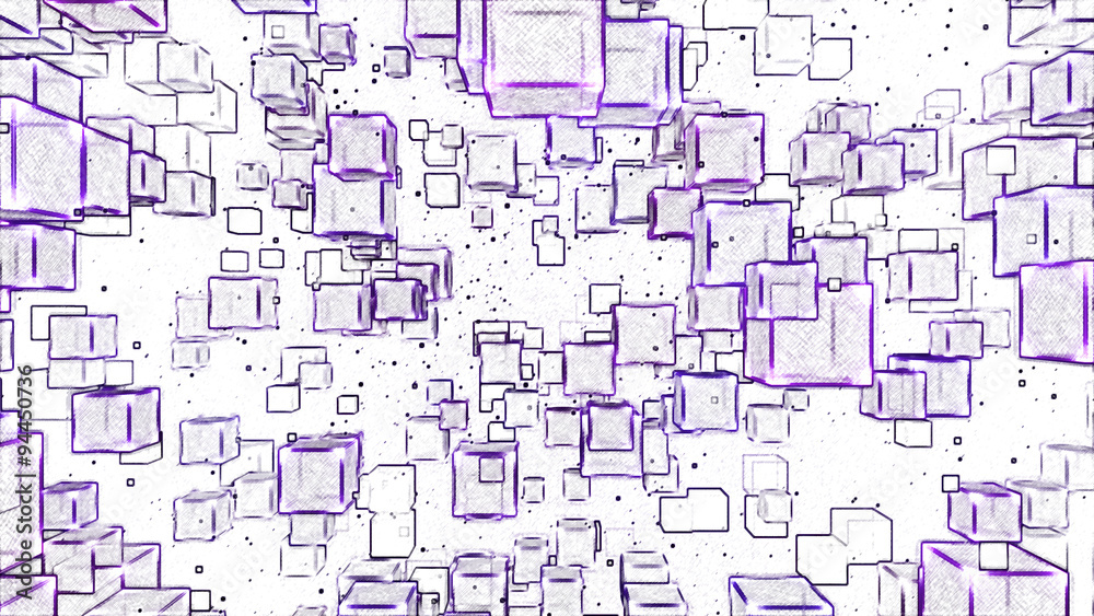 Abstract Floating Cubes Sketch Illustration - Purple