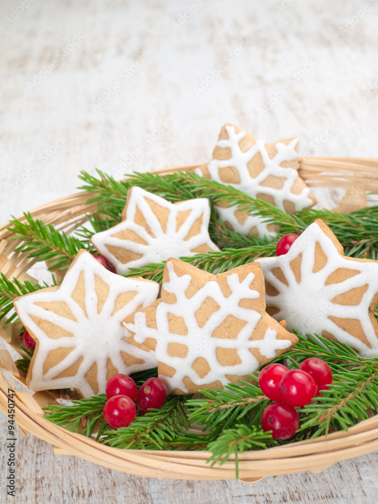 Snowflakes Christmas cookies in the basket Snowflakes Christmas cookies in the basket