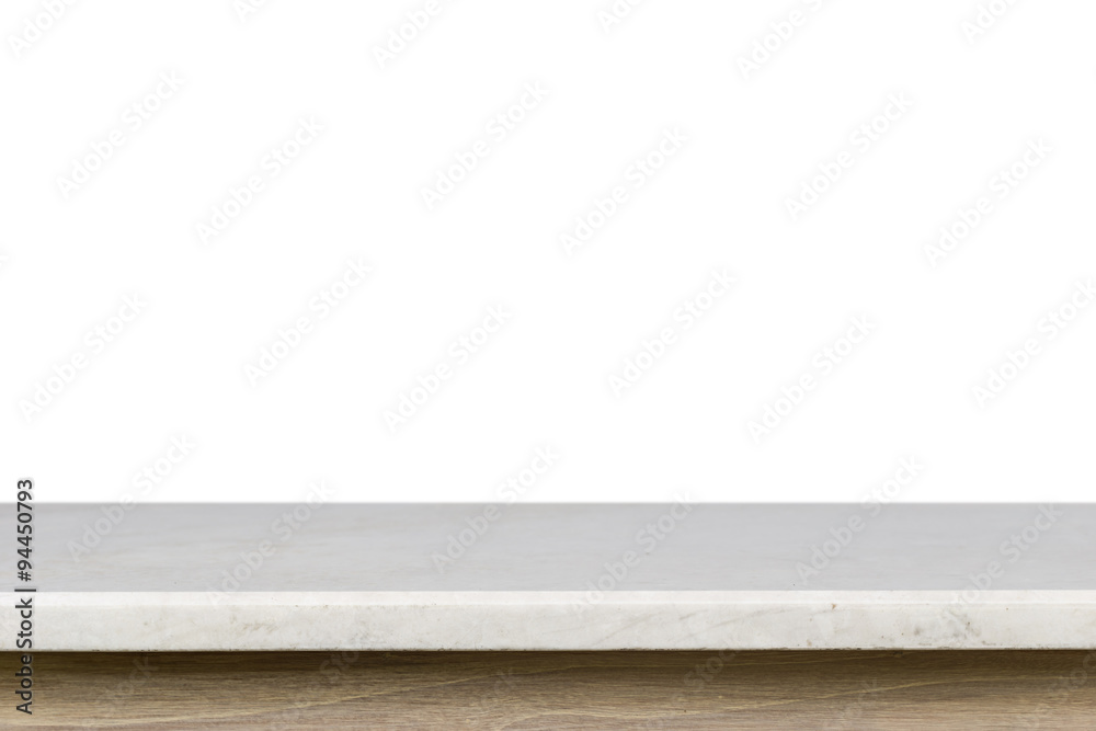 Empty top of white mable stone table isolated on white backgroun Empty top of white mable stone table isolated on white backgroun