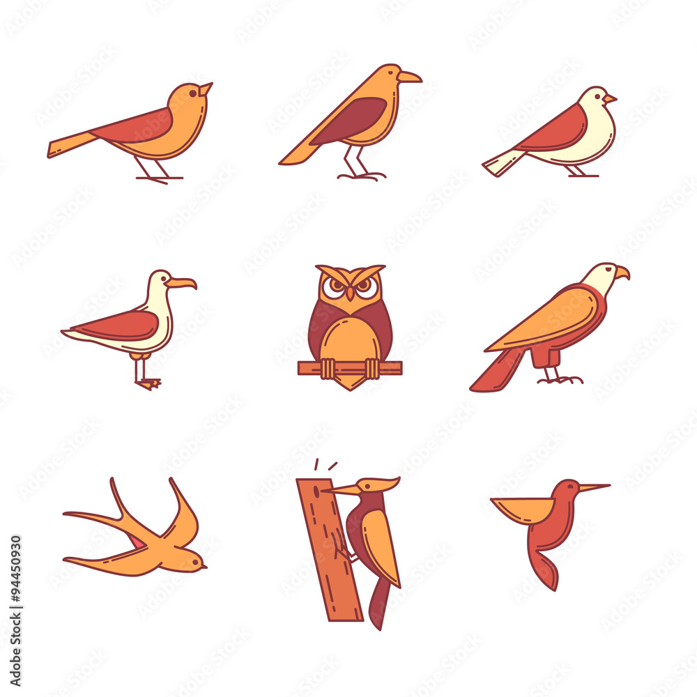 Naklejka premium Birds icons thin line set