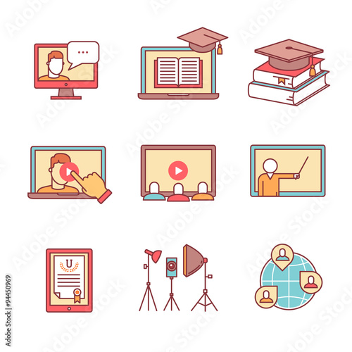 Online seminar icons thin line set. Webinar