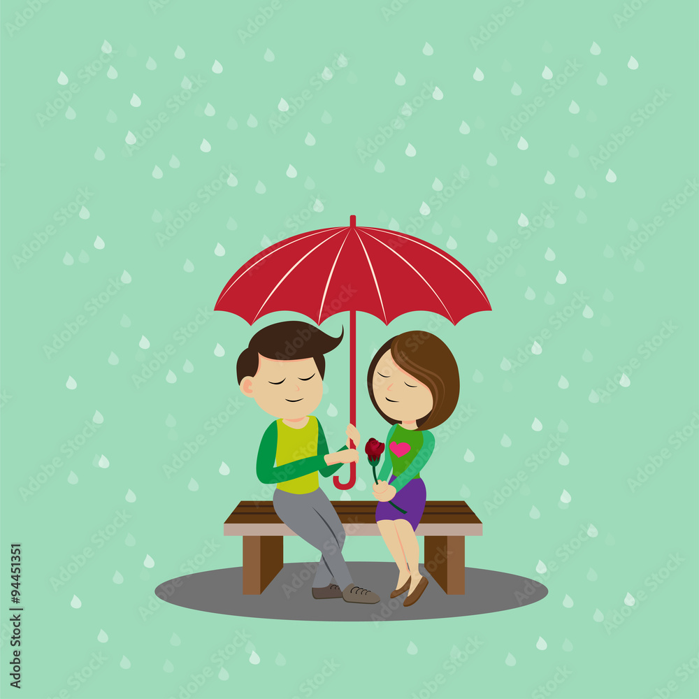 Boy And Girl In Rain With Umbrella