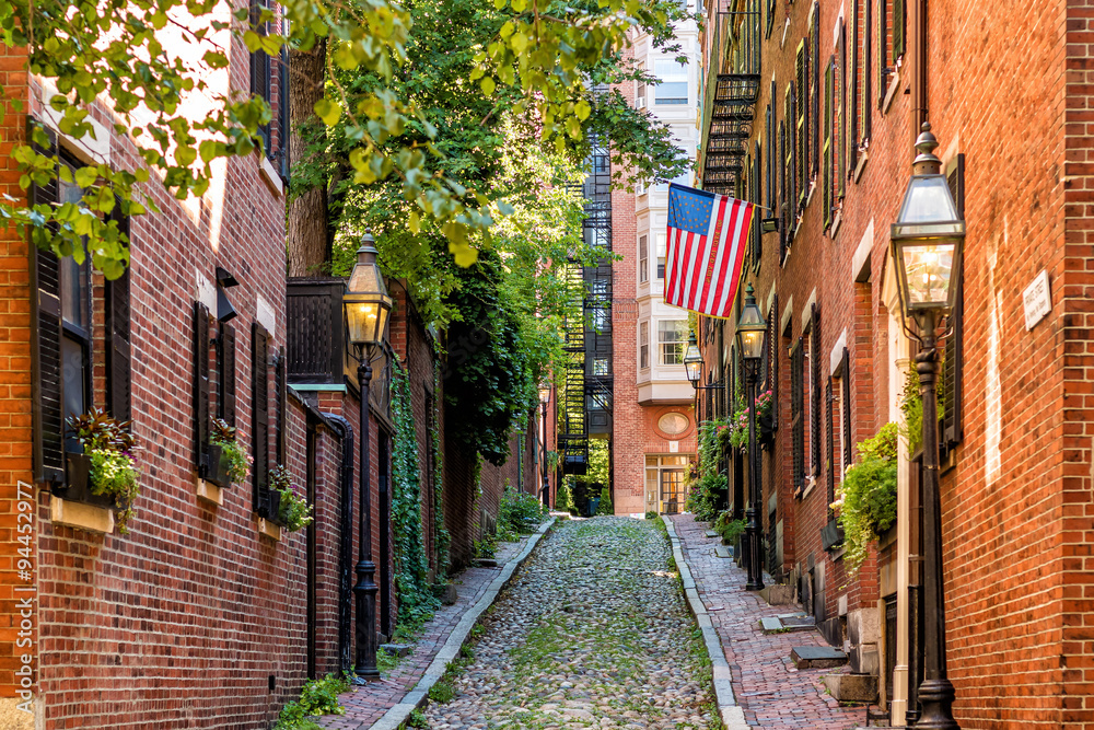 View of historic Acorn Street in Boston