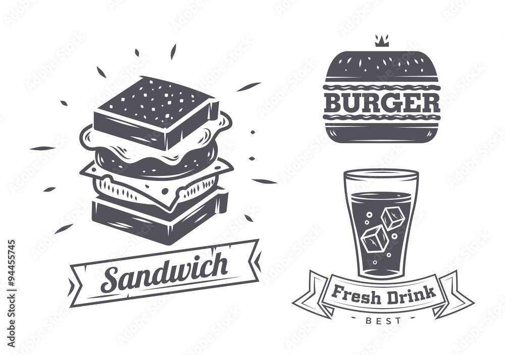 Set of vintage fast food restaurant signs, panel, badge and label Stock ...