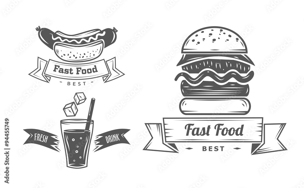 Set of vintage fast food restaurant signs, panel, badge and label