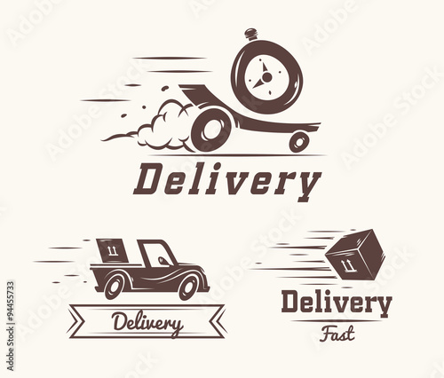 Vector logo of fast delivery watch, car and box 