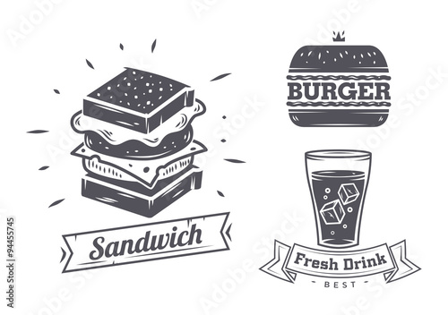 Set of vintage fast food restaurant signs, panel, badge and label