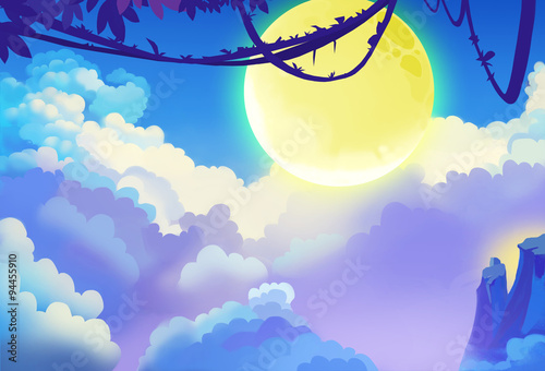 Fototapeta Naklejka Na Ścianę i Meble -  Illustration: The Top of Moon Shadow Mountain with Huge Moon, Sea of Clouds. Cartoon Style. Scene / Wallpaper Design