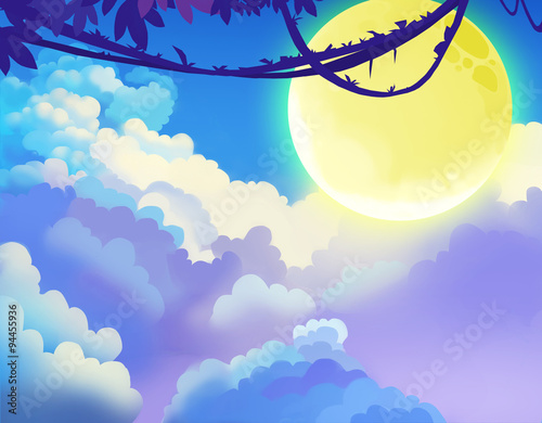 Fototapeta Naklejka Na Ścianę i Meble -  Illustration: The View from Top of Moon Shadow Mountain with Huge Moon, Vines, Sea of Clouds. Removed the mountain. Cartoon Style. Scene / Wallpaper Design
