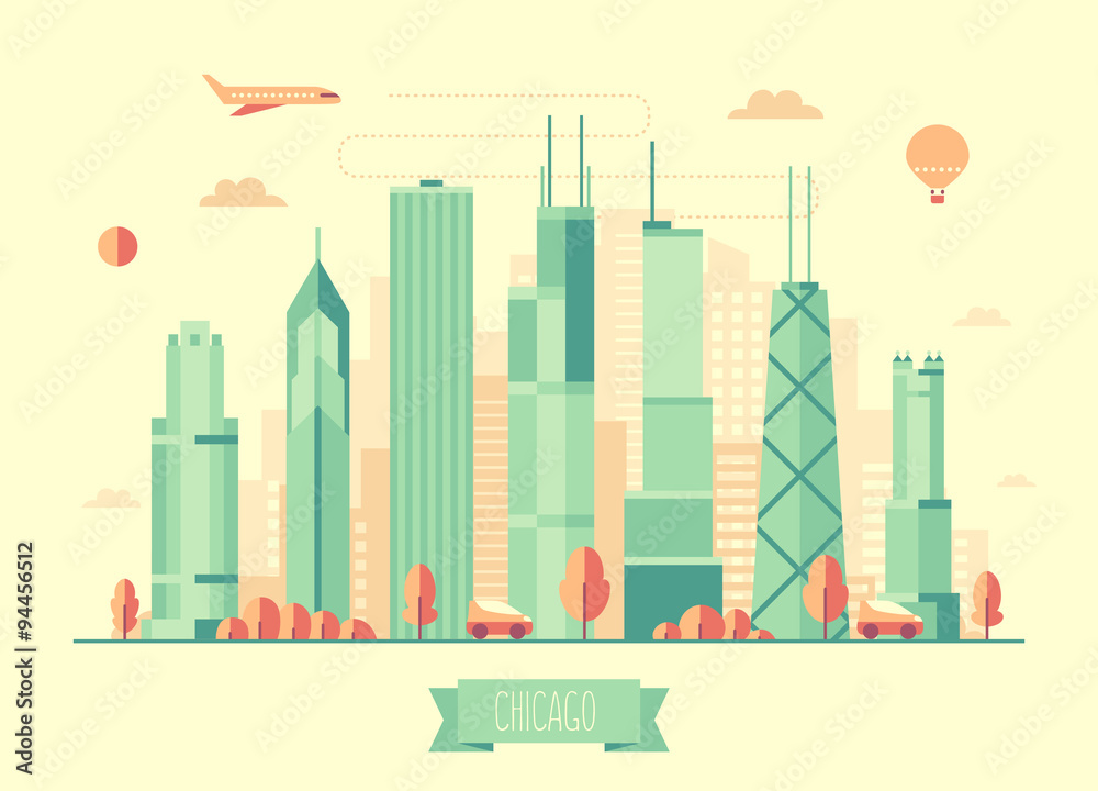 Obraz premium Chicago skyline vector illustration flat design