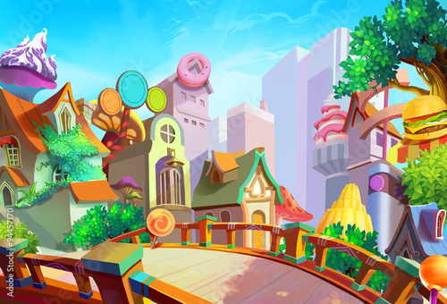 Illustration: A beautiful town with food falling from sky in the morning. Removed our lovely girl Lulu and the Pizza on the bridge. Fantastic / Cartoon Style. Wallpaper / Background / Scene Design