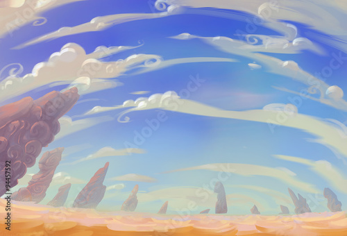 Illustration  The Desert View with different combination  White Cloud  Blue Sky  Shifting Sand  Weird Stone Pillars. Fantastic Realistic Cartoon Style. Wallpaper Background Scene Design.
