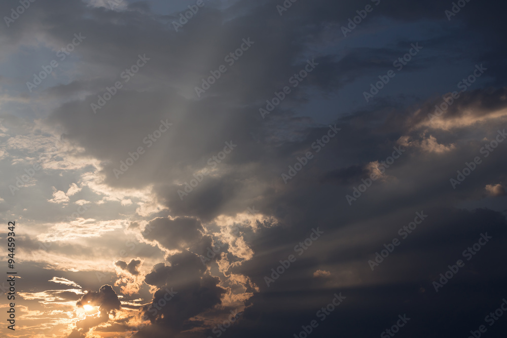 colorful sunset sky background with clouds and sun light