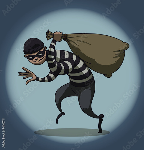 Vector cartoon image of a robber in black pants and a striped jacket with a mask on his face with a sack of loot in his hand on the background of a ball of light on a blue background.