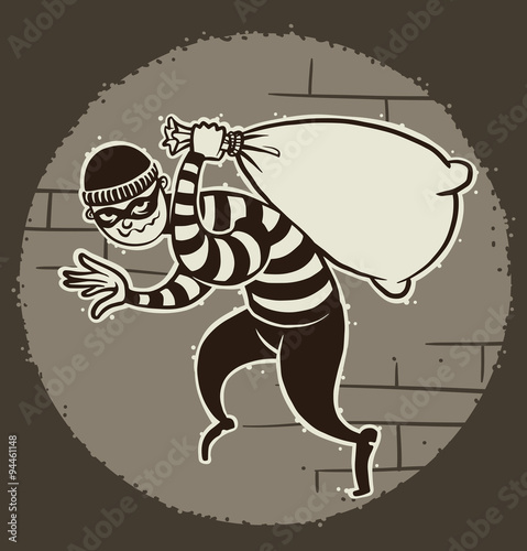 Vector cartoon image of a robber in black pants and a striped jacket with a mask on his face with a sack of loot in his hand on the background of a ball of light. Pictured in a retro style.