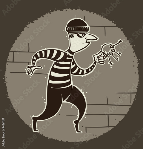 Vector cartoon image of a robber in black pants and a striped jacket with a mask on his face with skeleton keys in his hand on the background of a ball of light. Pictured in a retro style.