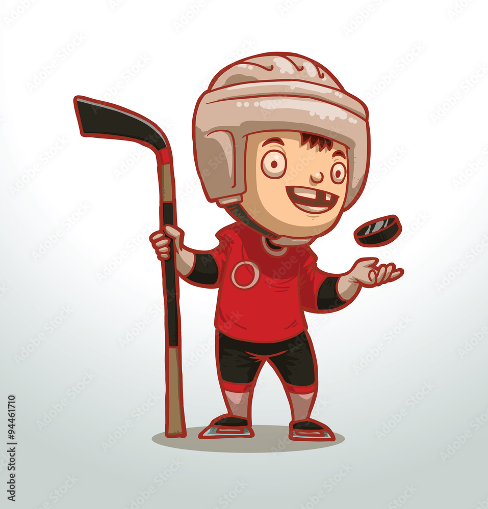 Vector boy ice hockey player. Cartoon image of a boy ice hockey player with dark hair in a red and black jacket and black shorts with a hockey stick and puck in his hands on a light background.