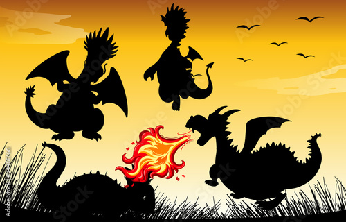 Silhouette dragon blowing fire