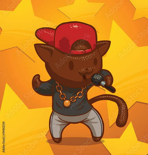 Vector cartoon image of a cat rap singer in gray trousers, dark gray jacket and red baseball cap and with microphone in his paw against the background of yellow stars.