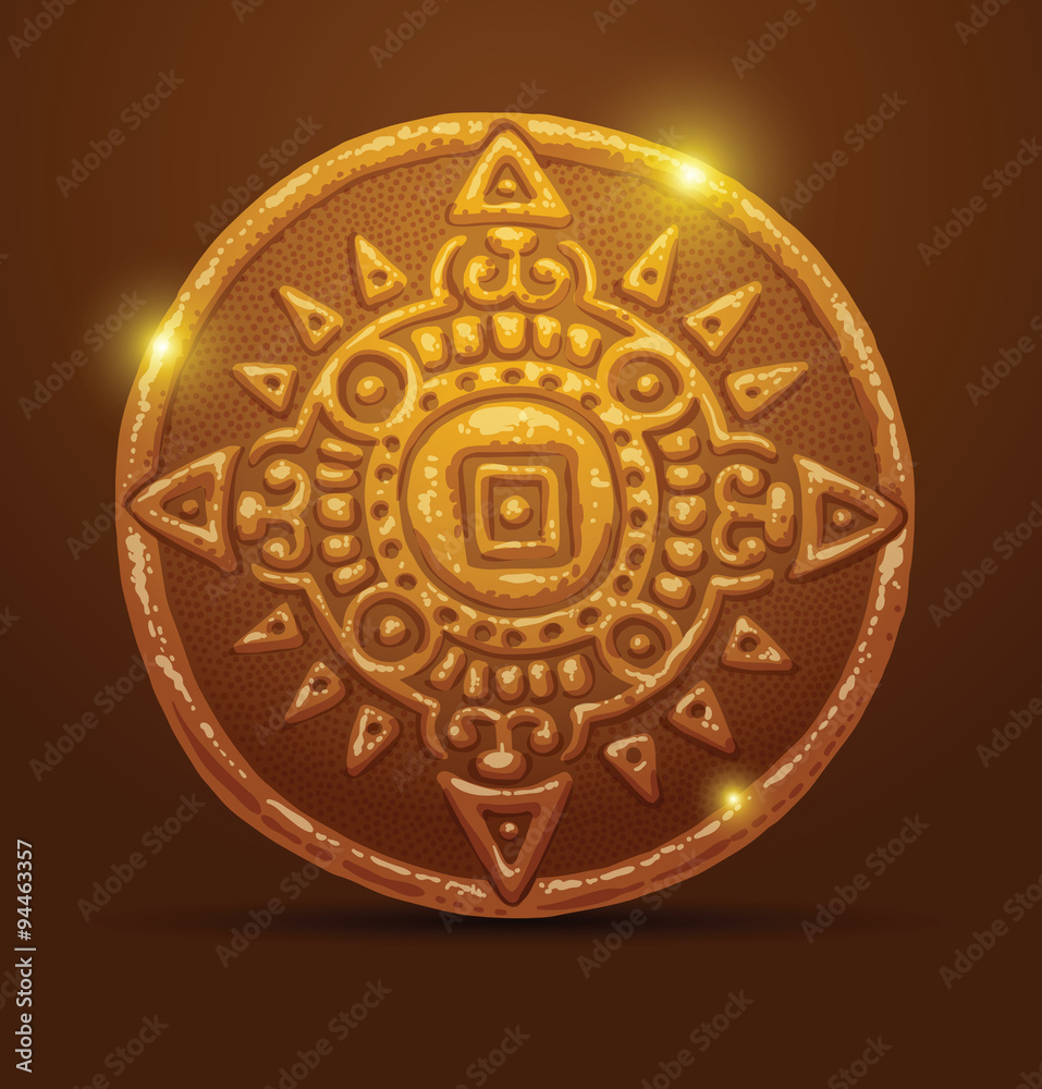 Vector ancient gold coin with a calendar. Image of the ancient gold coin with a calendar incuse on a brown background. Vector ancient gold coin with a calendar. Image of the ancient gold coin with a calendar incuse on a brown background.