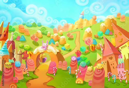 Illustration: Welcome to the Candy Land! You lost in forest and suddenly meet the little candy world. Those little candy creatures saw you too. Welcome, they seems said. - Fantastic Style Scene Design © info@nextmars.com