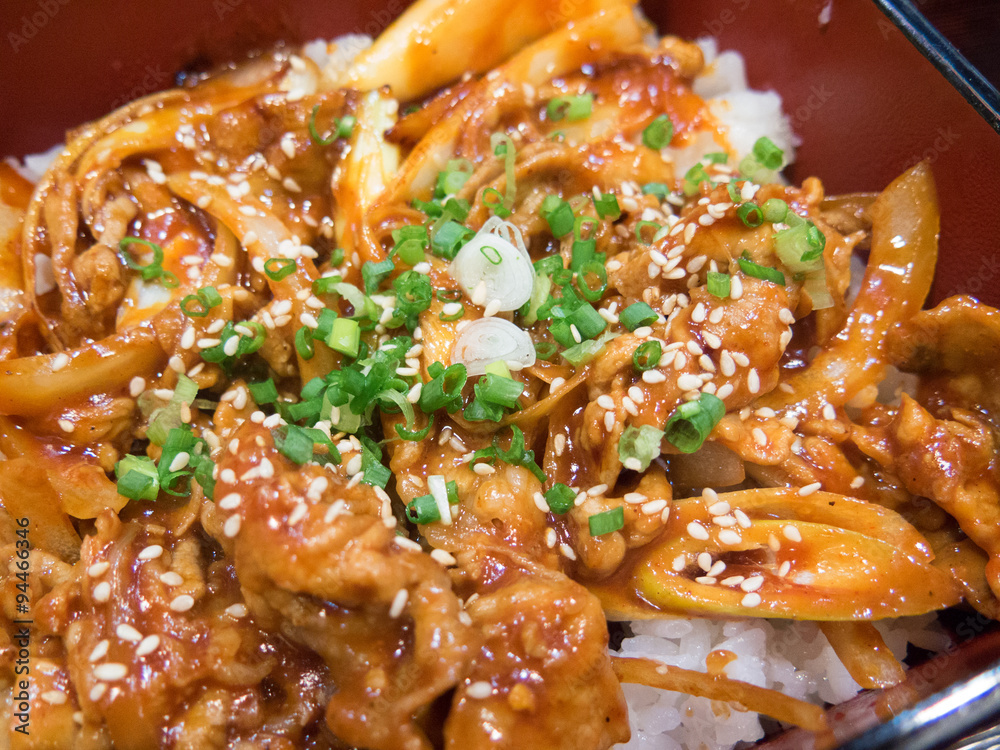 closed up the fried pork with spicy sauce closed up the fried pork with spicy sauce
