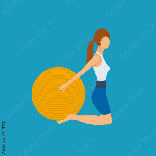 Cartoon illustration of a woman exercising with gymnastic ball. 