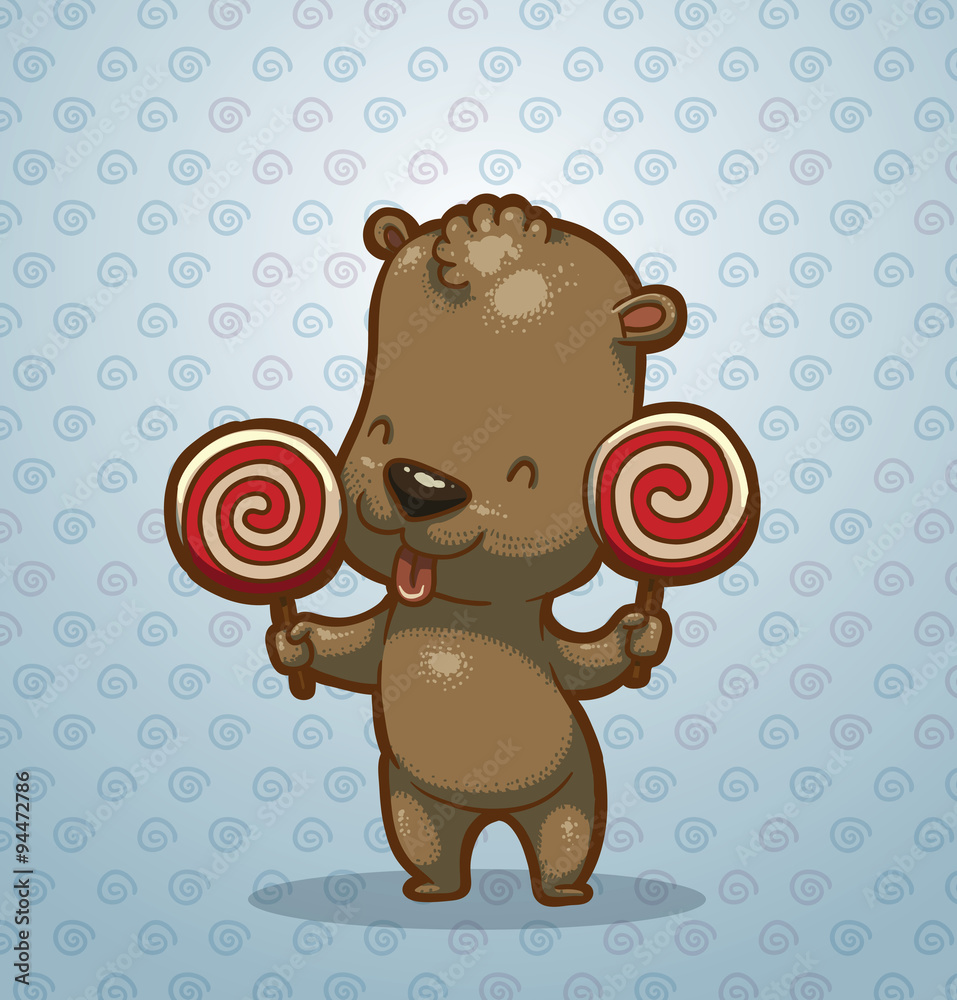 Vector funny bear cub with candies. Cartoon image of a funny brown bear ...