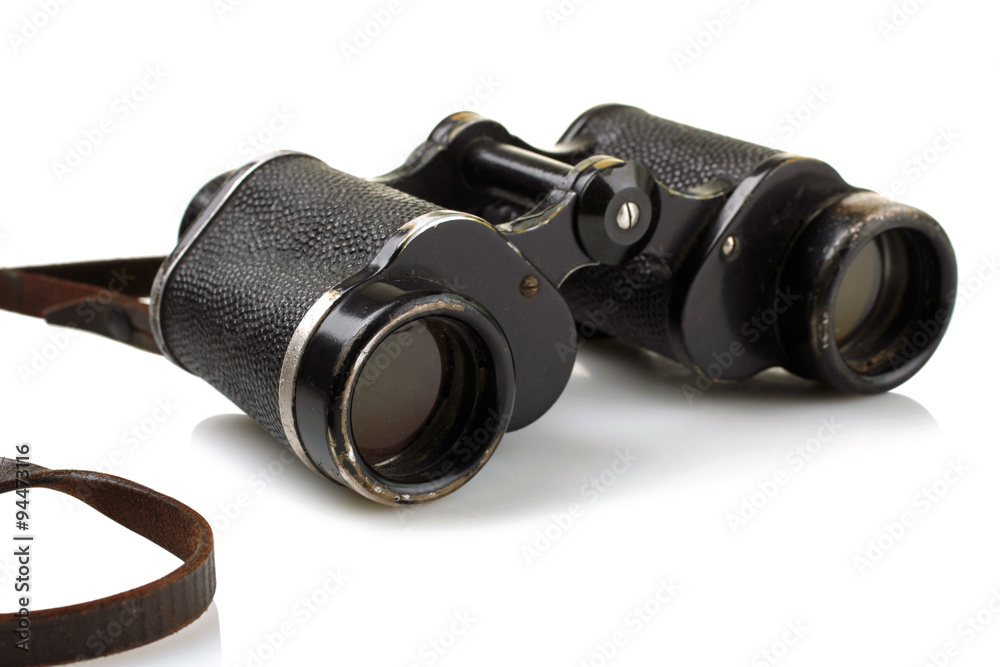 old binoculars with strap isolated on white background old binoculars with strap isolated on white background