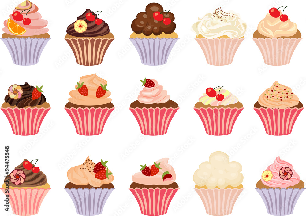 Set of insulated cakes and cupcakes on a white background. Set of insulated cakes and cupcakes on a white background.