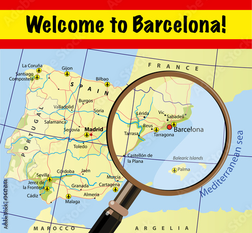 Welcome to Barcelona. Map of Spain with airports