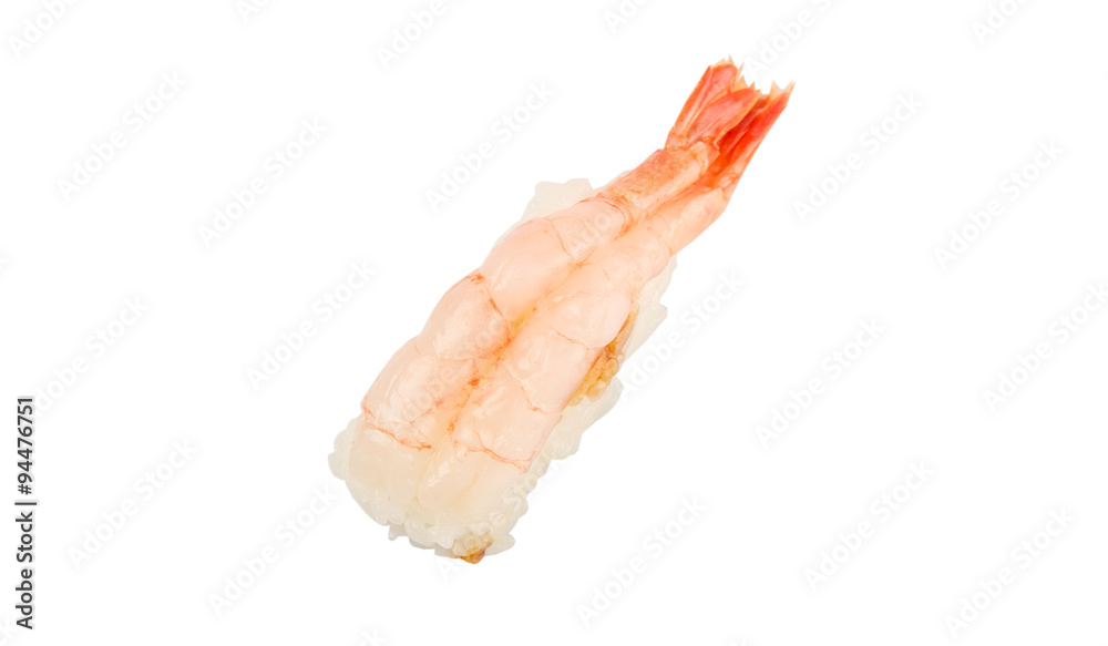 Japanese prawn sushi over white background
