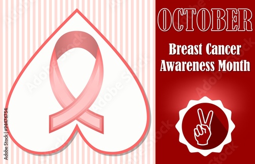 Breast cancer awareness month october. Hopeful leaflet or label template with pink ribbon in heart shape on rosa stripped background. Finger gesture symbol of victory in dark red circle icon.