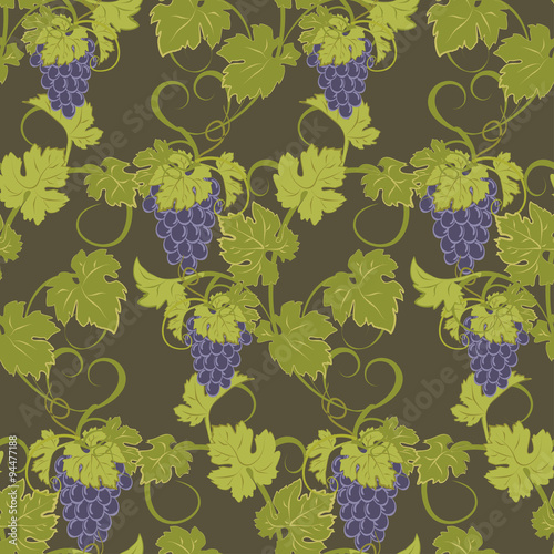Seamless texture with vines and bunches of grapes.
