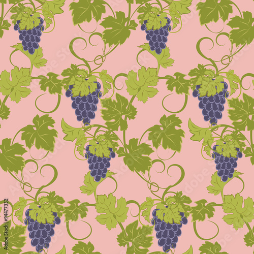 Seamless texture with vines and bunches of grapes.
